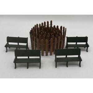 Dept 56 4 Green Metal Park Benches And 1 Brown Wooden Fence